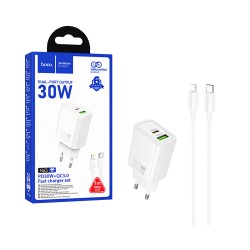 Hoco Adapter N63 2 Ports USB+Type-C PD30W with Type-C to Lightning Cable 1m White